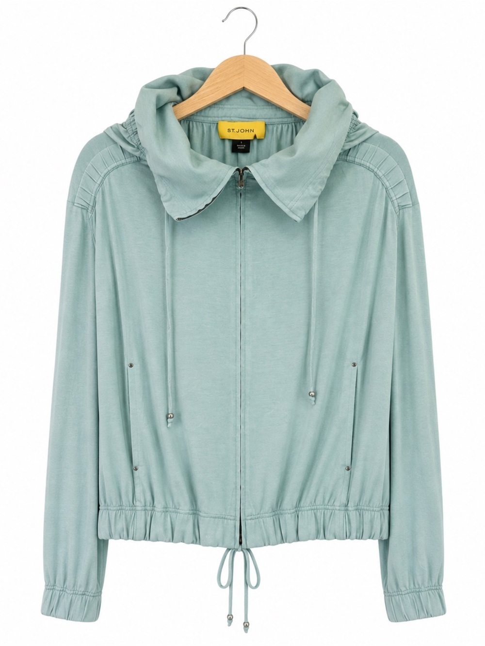 St. John Sport Zip Front Jacket Sz L Mint Green Luxury Travel Layer quiet luxury